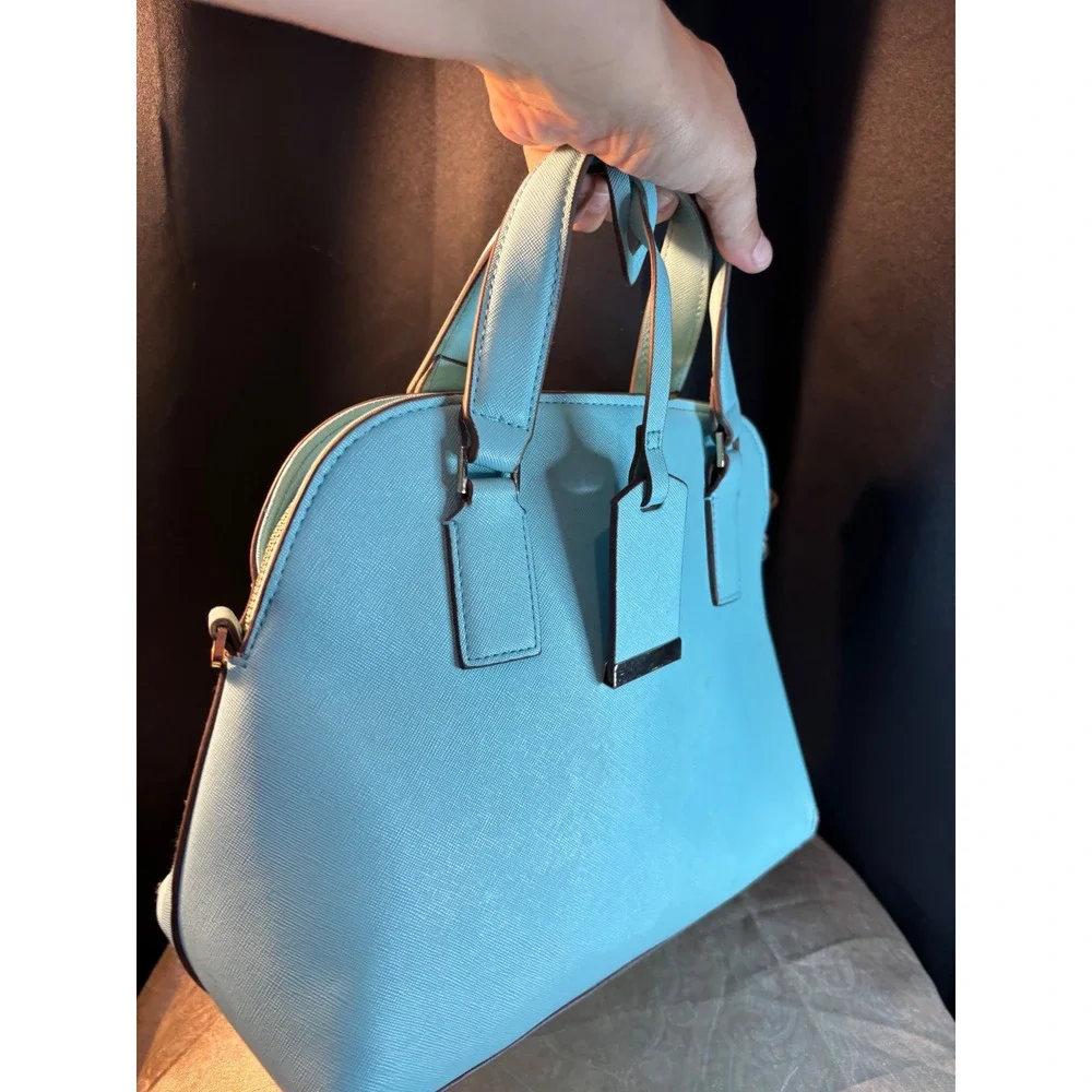 Blue Saffiano Dome Satchel Bag with Gold Heart Detail and Striped Lining